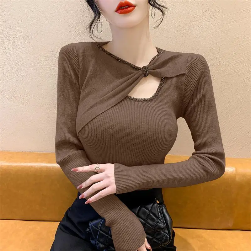 Autumn Winter New Fashion Bow Collar Solid Long Sleeve Pullovers Women\'s Clothing Diamonds Pleated Knitting Slim Temperament Top