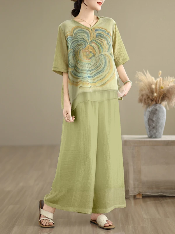 

Свободный хлопково-льняной комплект, лето 2023, новый утягивающий топ с принтом, широкие брюки, женский модный костюм-двойка с V-Ne или...