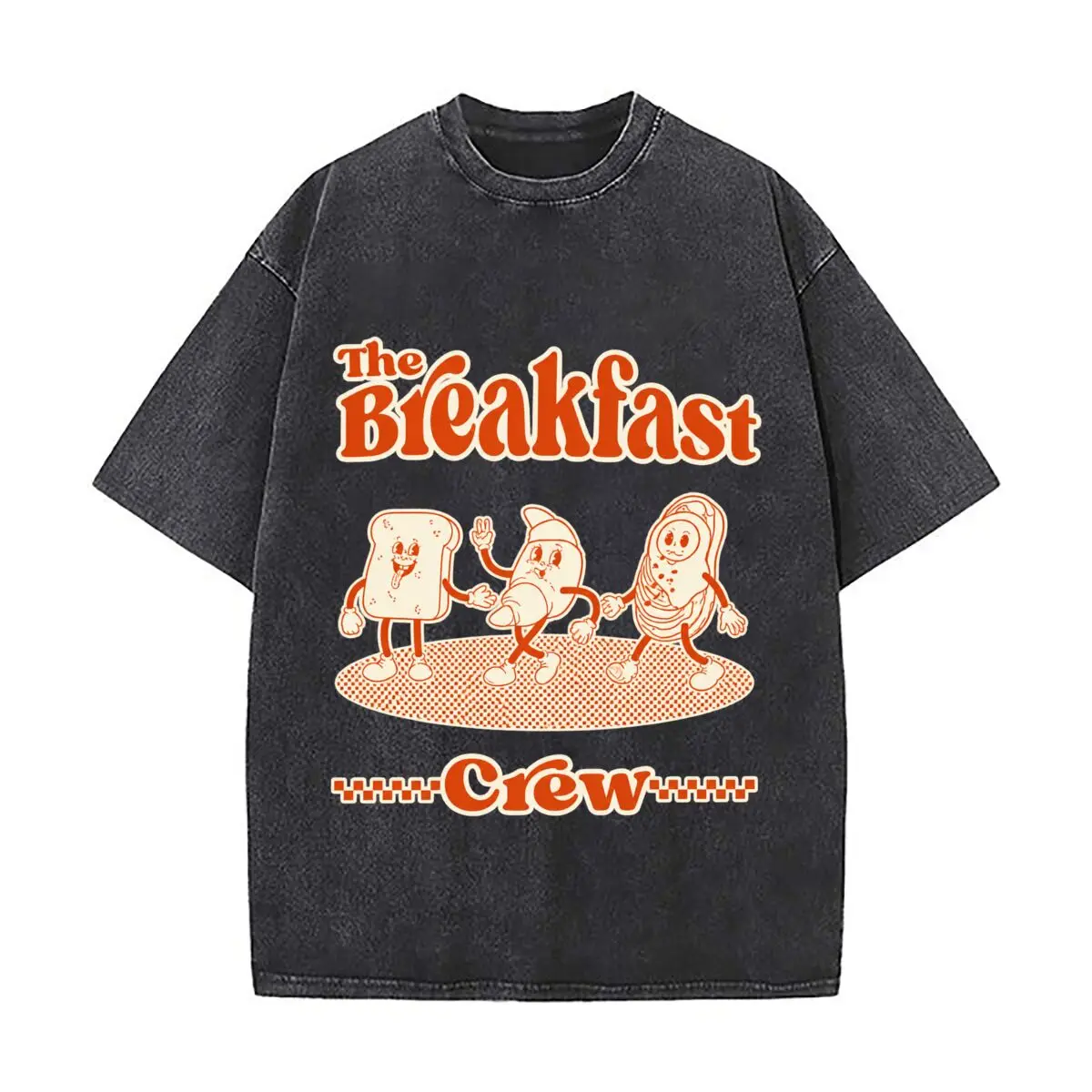 The Breakfast Crew Toast Pancake Bacon Characters Washed Short Sleeve Loose Streetwear Tee Hip Hop