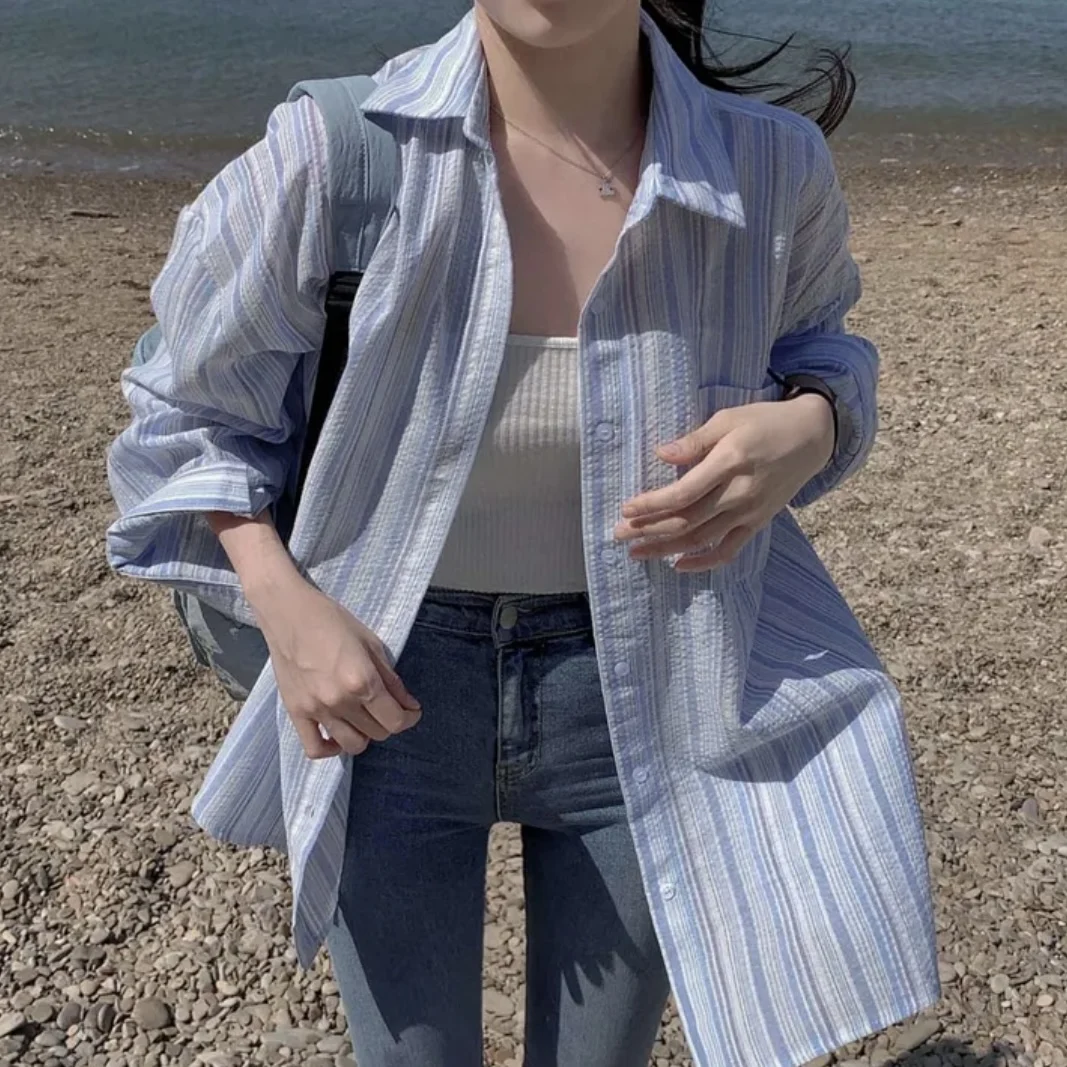 

Chic Summer Loose Striped Shirt Women's Thin Texture Sun Protection Open Cardigan Casual Style Button up Long Sleeve Blouse