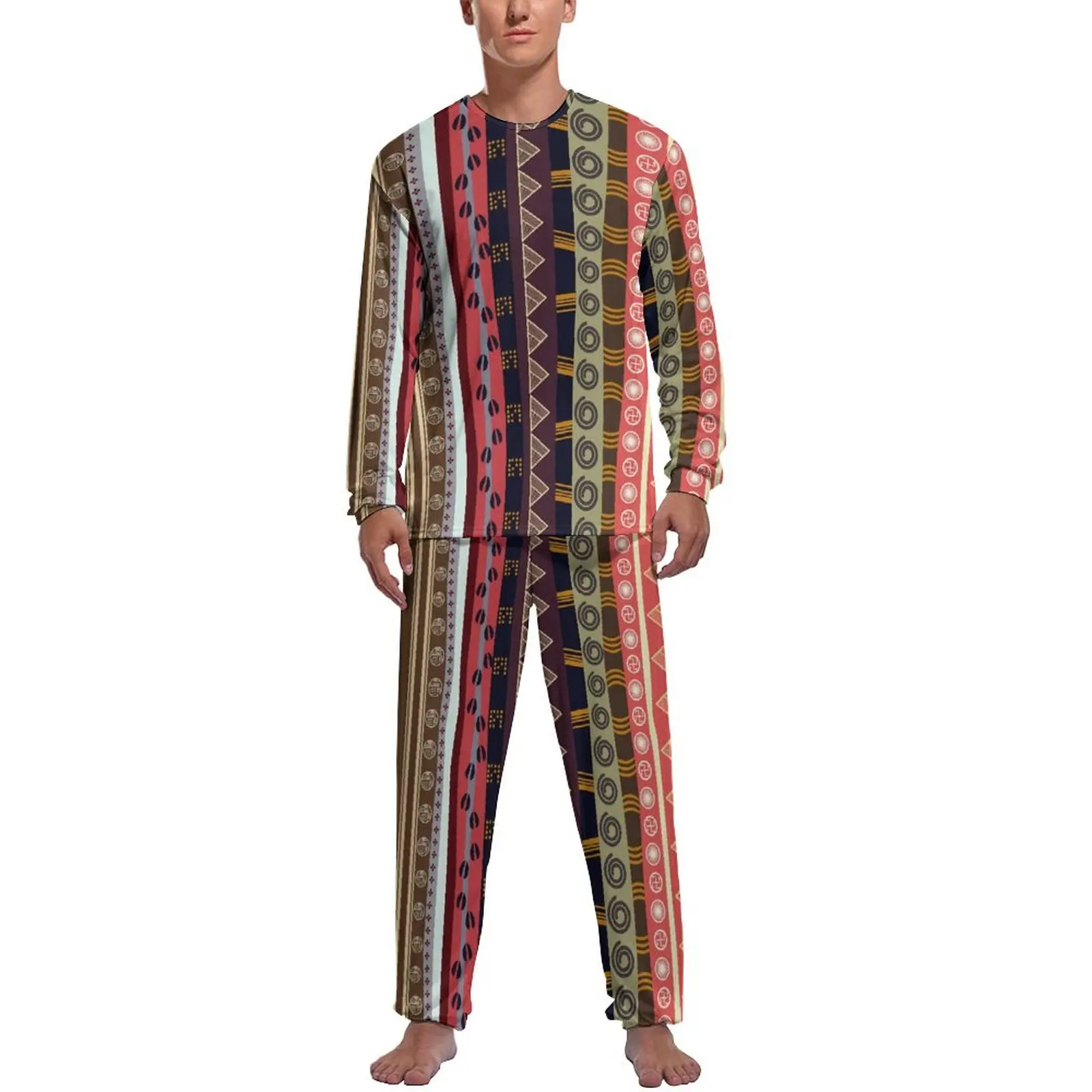 Vintage Tribal Pyjama Lente 2-delige Afrikaanse Etniciteit Coole Pyjama Set Heren Nacht Grafische Nachtkleding met lange mouwen