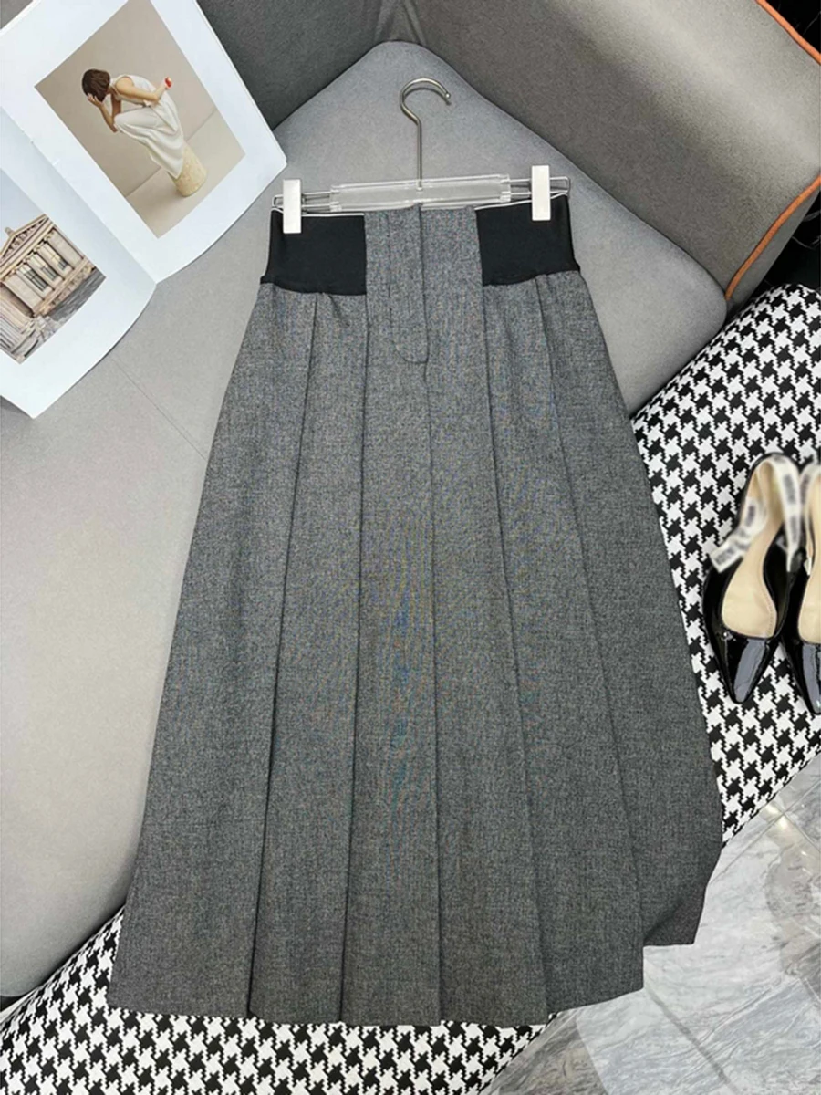 CHICEVER Gray Preppy Style Skirt For Women High Waist Patchwork Elastic Pleated Casual A Line Long Skirts Female Clothing Autumn