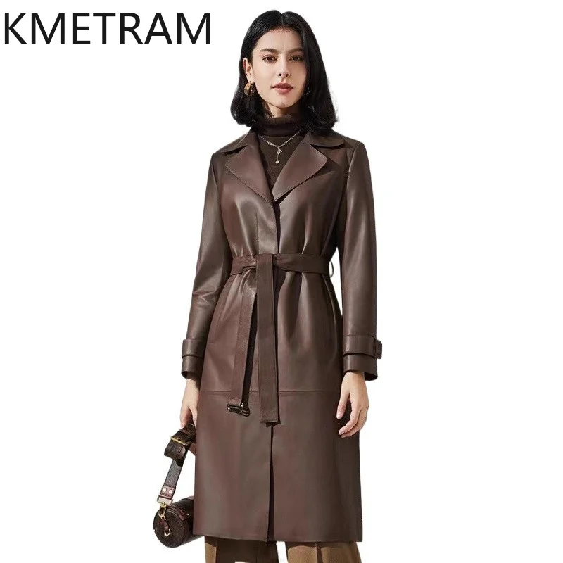 KMETRAM Genuine Sheepskin Leather Jacket Woman Belted Mid-Length Trench Coat Coat Casual Leather Jackets Women Clothes 2026 가죽자켓