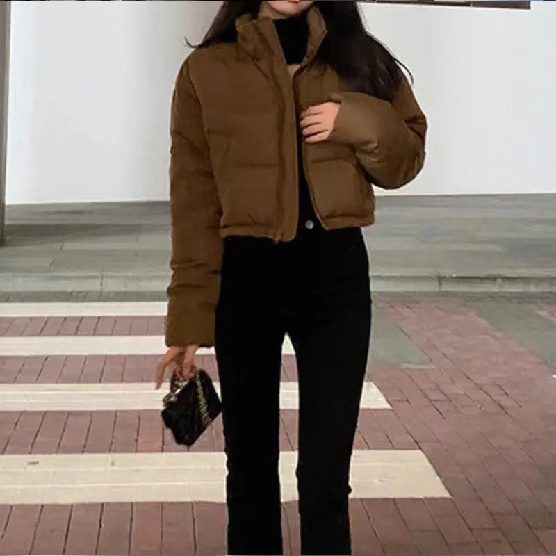 Cropped Parkas Women Winter Thicken Baggy Stand Collar Pure Minimalist Clothes Korean Fashion Students Warm Cozy Zip-Up Vintage