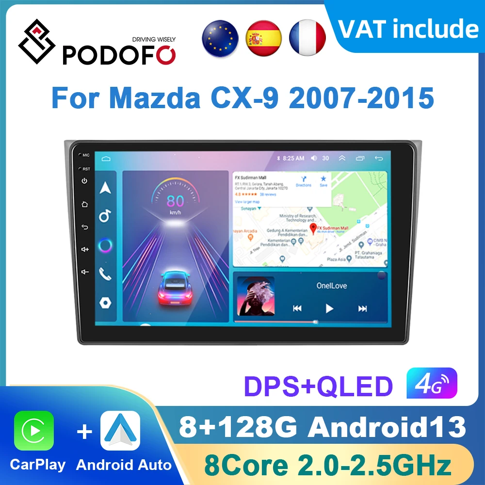 Podofo AI Voice Android Carplay Car Radio For Mazda CX-9 2007-2015 Android Auto 4G Multimedia Player GPS Navigation RDS Radio