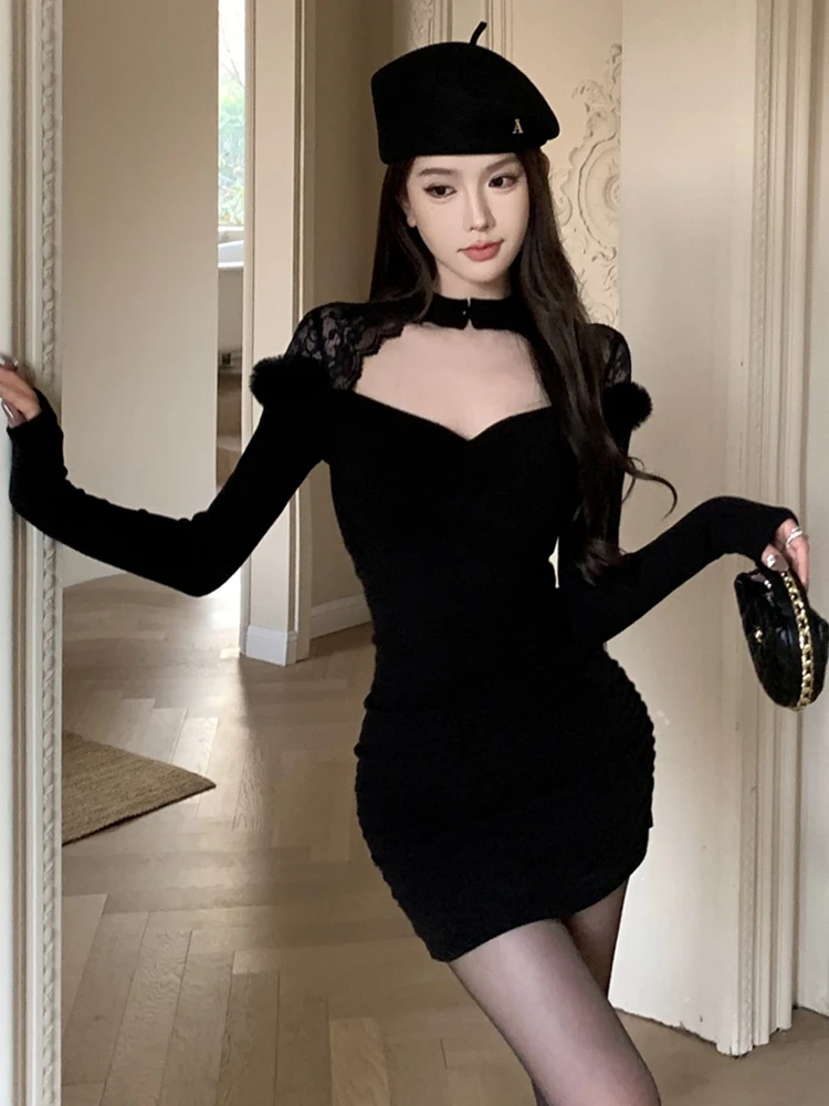 

Sexy Pure Desire Retro Dr Long Sve Lace Splice Hanging Ne Square Collar Bodycon Hepburn Little Bla Dr for Ladies