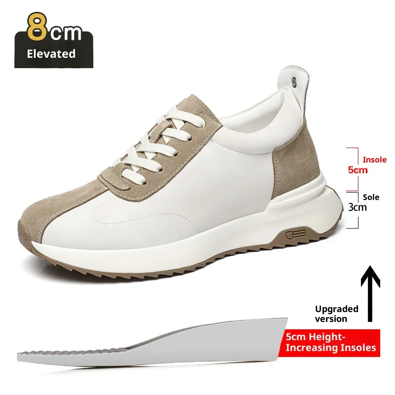 Men's Height Increasing Shoes 8cm 6cm Hidden Insole Genuine Leather Casual Sneakers Breathable Elevator Shoes Retro Dad Shoes