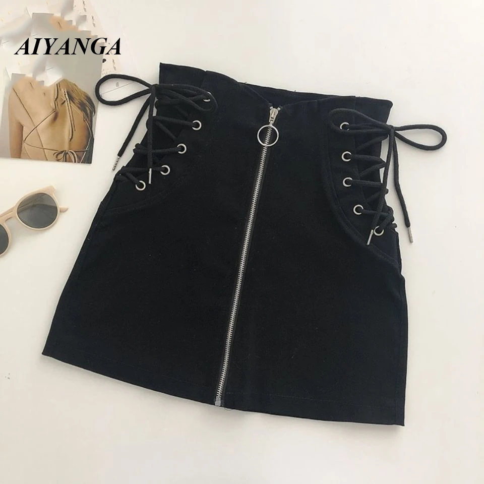 

AIYANGA Women's Gothic High Waist Skirt Zip Up Pencil Mini Skirts Punk Fashion Sexy Black Spring Autumn 2024 Saia