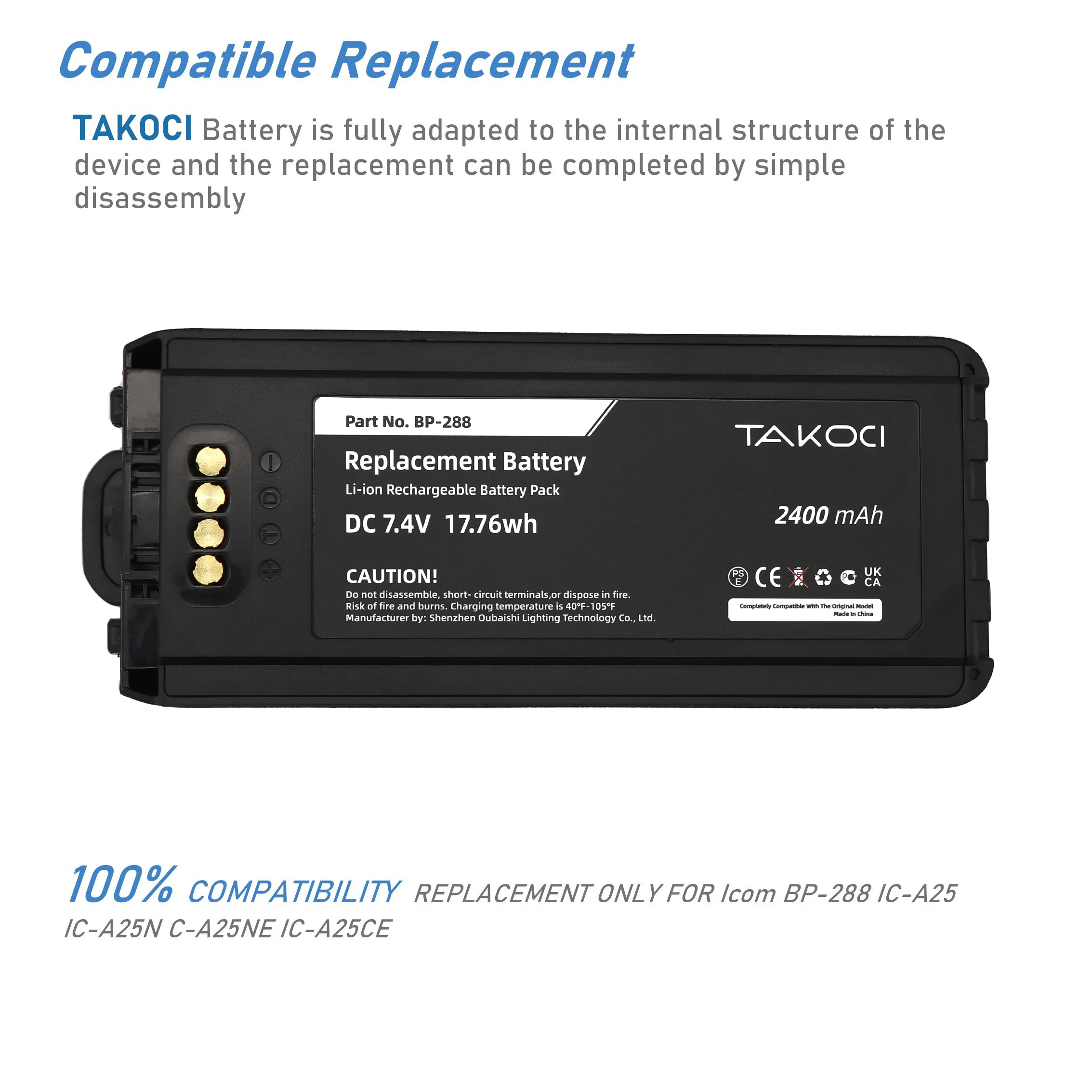 Replacement Battery for Icom  IC-A25, IC-A25CE, IC-A25N, IC-A25NE BP-288 7.4V/mA