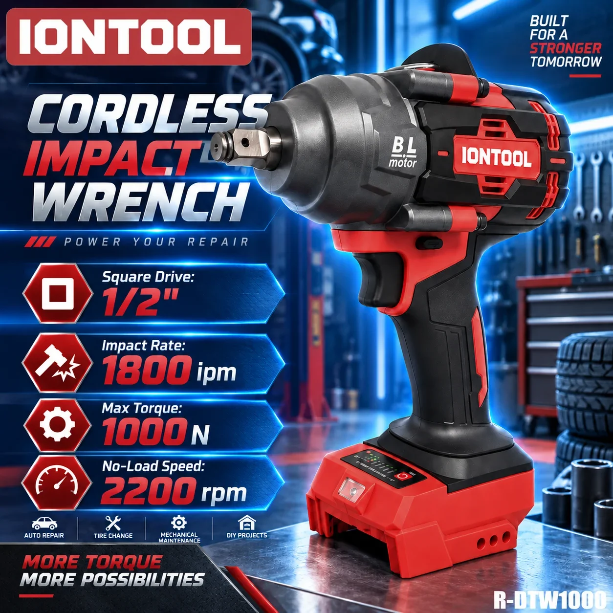 IONTOOL Heavy Duty Powerful 1000N.m Brushless Cordless Impact Wrench for Auto Repair Truck Maintenance and DIY Projects Tool