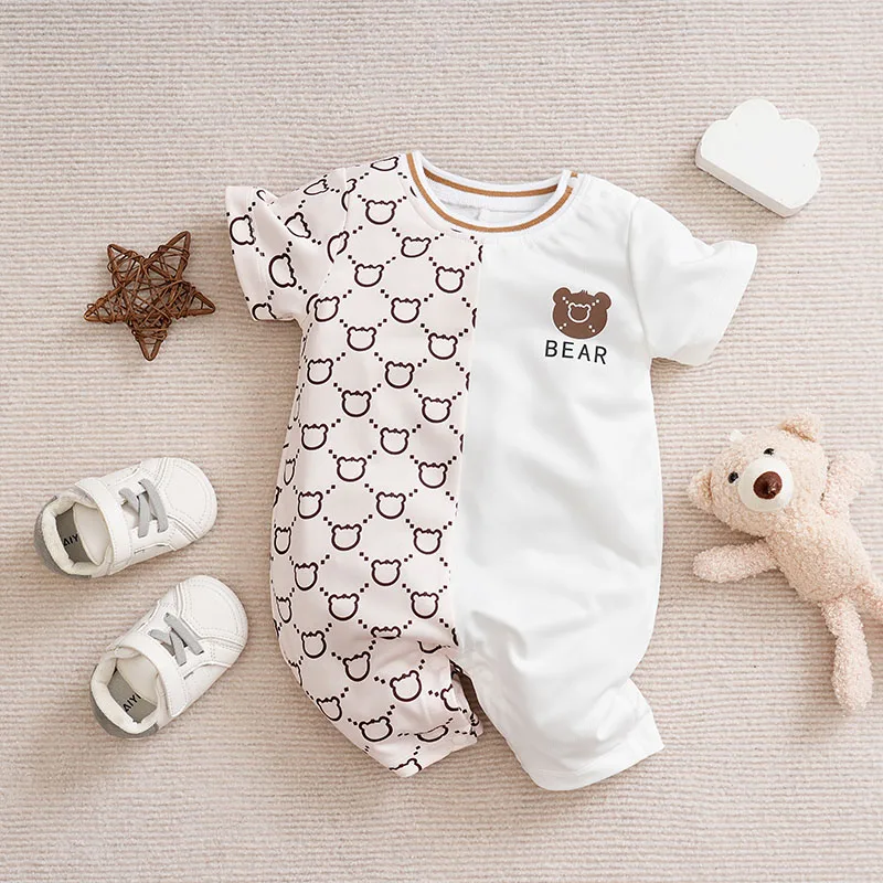 NewbornBabyBoyGirl Toddler Clothing Jumpsuit Casual Cute Cartoon Teddy Bear Summer Apricot ColorContrasting ShortSleevedJumpsuit