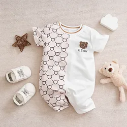 NewbornBabyBoyGirl Toddler Clothing Jumpsuit Casual Cute Cartoon Teddy Bear Summer Apricot ColorContrasting ShortSleevedJumpsuit