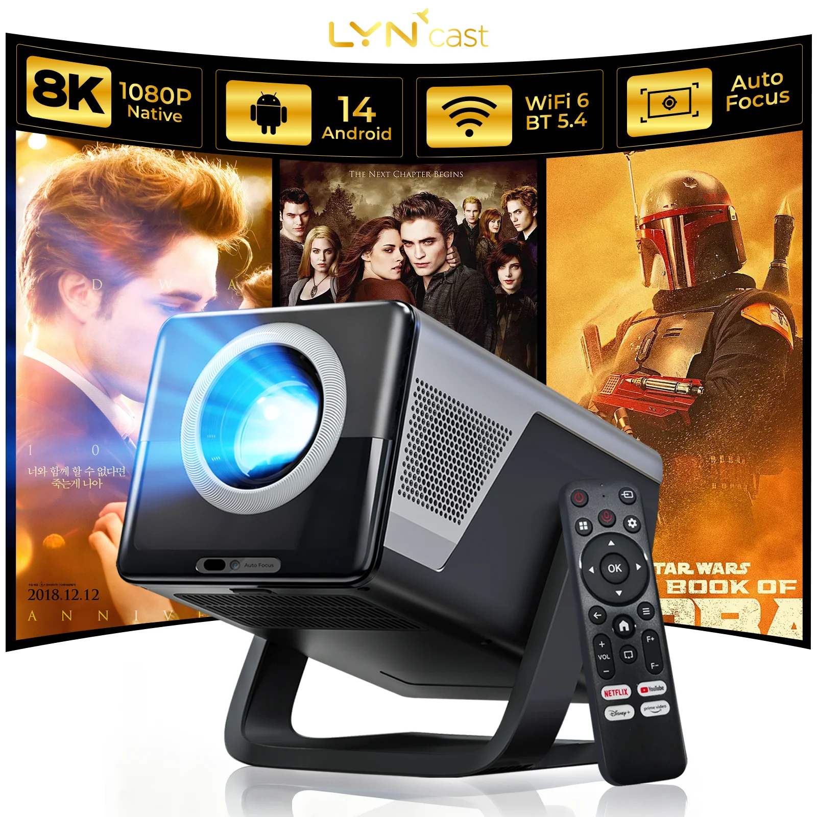 Lnycast projecteur 8K Support HD 1080P X7 mise au point automatique 1000ANSI Android 14 WiFi6 BT5.4 Portable Home cinéma vidéoprojecteur extérieur