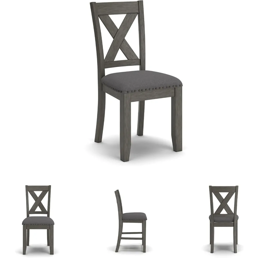 طقم طعام ريفي آشلي كايتبروك: طاولة مستطيلة مكونة من 7 قطع مع 6 كراسي منجدة باللون الرمادي على شكل حرف X من الخلف