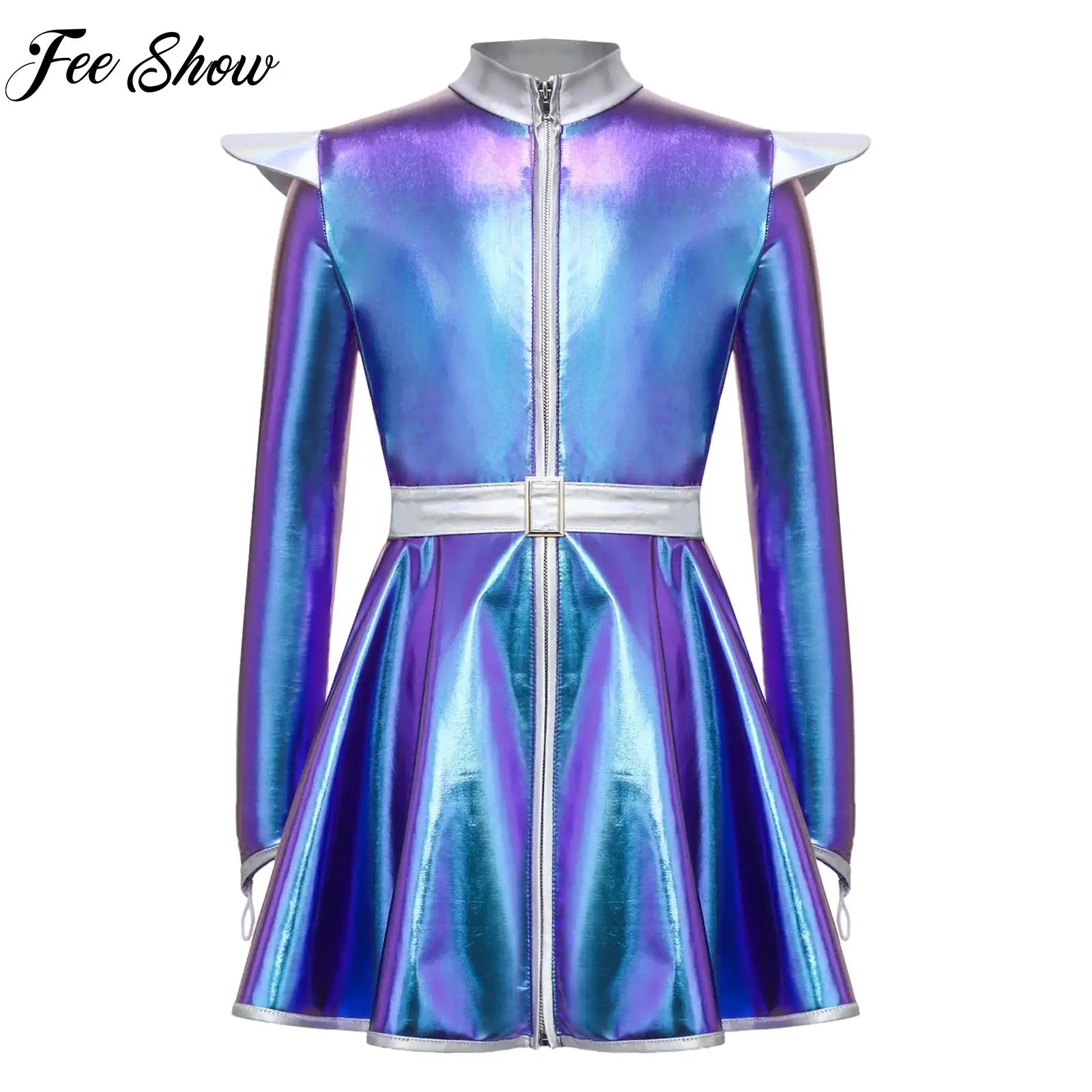 Kids Girls Metallic Halloween Dance Alien Dresses Long Sleeves Zip Tutu Dress with Belt Outer Space Robot Dress-up Dance Costume