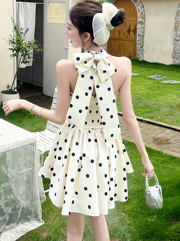 Mini robe d'été noire à pois, Chic, avec nœud sur le cou, Vintage, Hepburn, vêtements de bal, élégante, coréenne, moulante, 2025