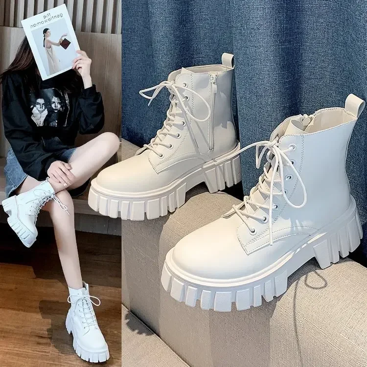 Chunky Platform White Ankle Boots Women Autumn Winter Pu Leather Combat Booties Mujer Punk Thick Bottom Motorcycle Boots