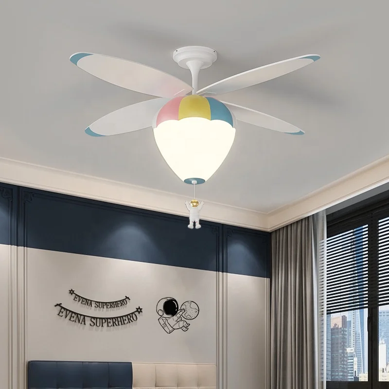 Modern Kids Fan Lights Hot Air Balloon Astronauts Led Ceiling Fan Intelligent Remote Control Ceiling Fan With Light