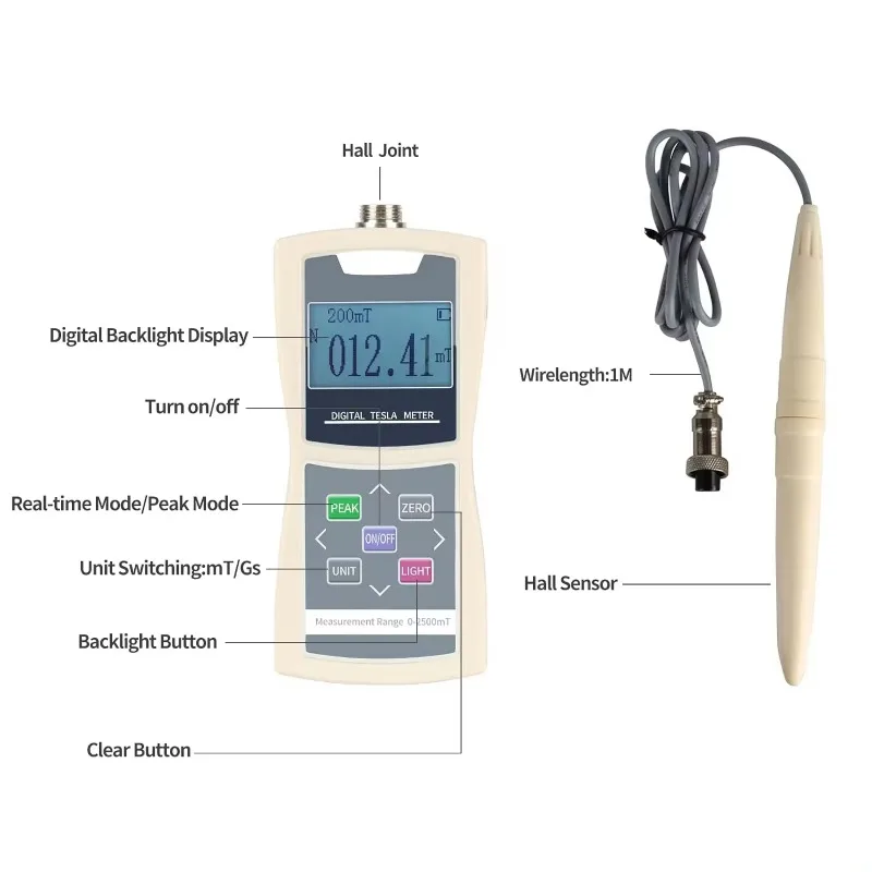 Digital Tesla Meter 200mT/2000mT Gaussmeter High Accuracy Sensitive Surface Magnetic Field Tester Standard Radial Hall Probe