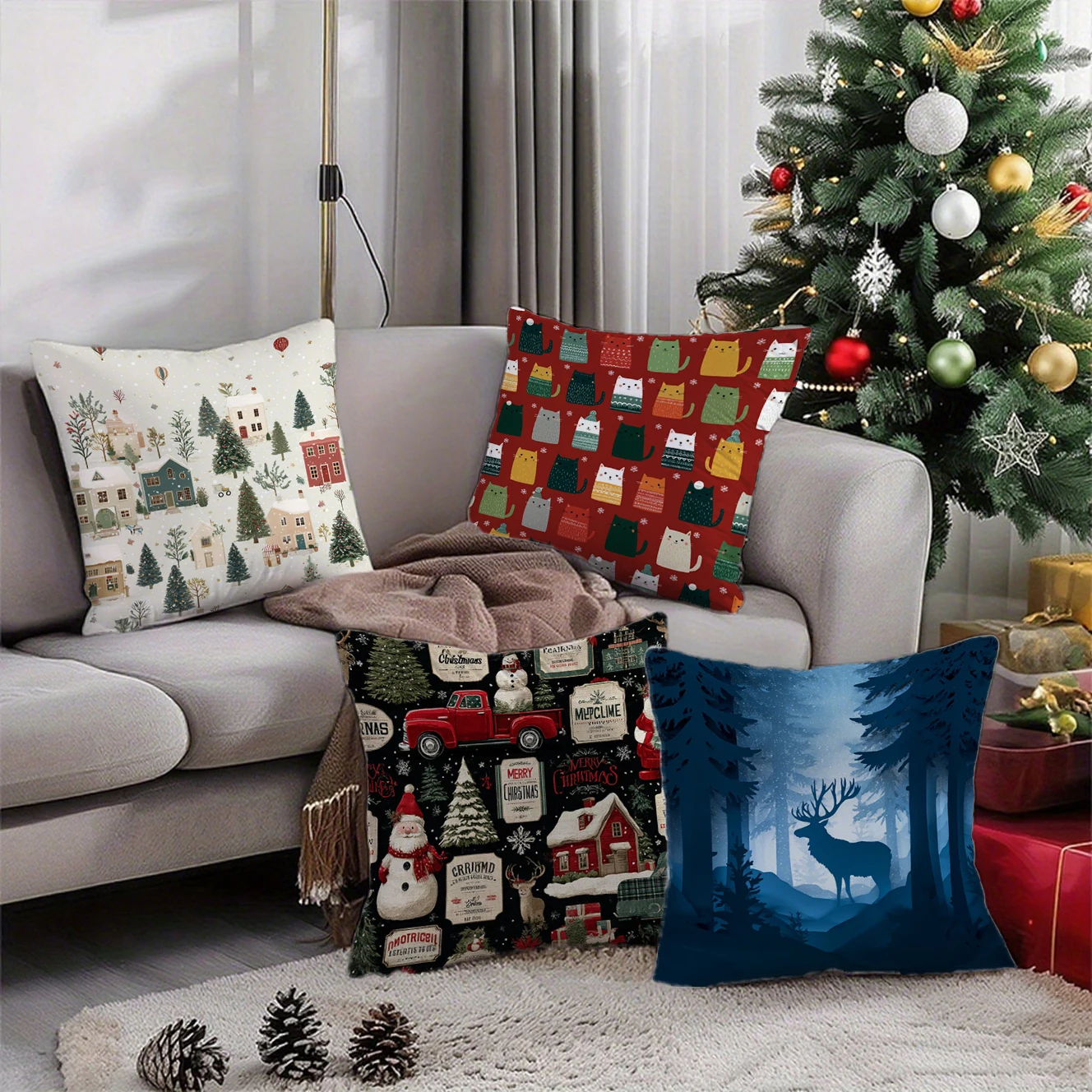 Christmas Cute Scene Pillow Covers attern Cushion Cover Suitable for Sofa Bedroom Car Pillow Cover