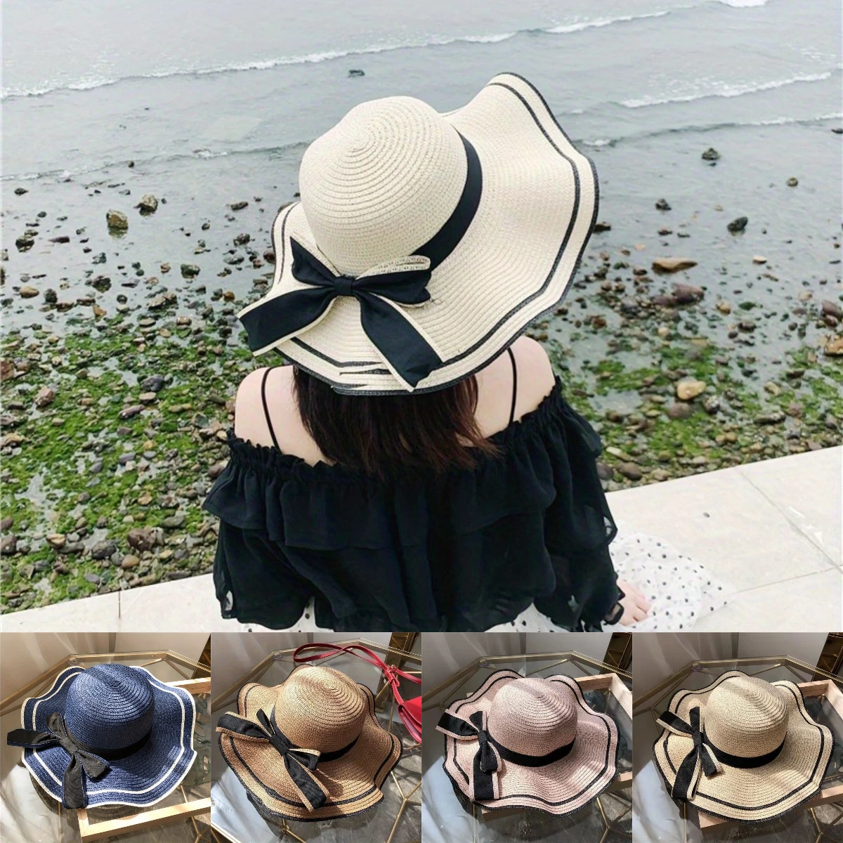 Big Brim Wave Black Edge Bow Solid Bucket Hat Straw Cap Women Girls Beach Hat Seaside Sunscreen Cap Cover Travel Holiday Sun Hat