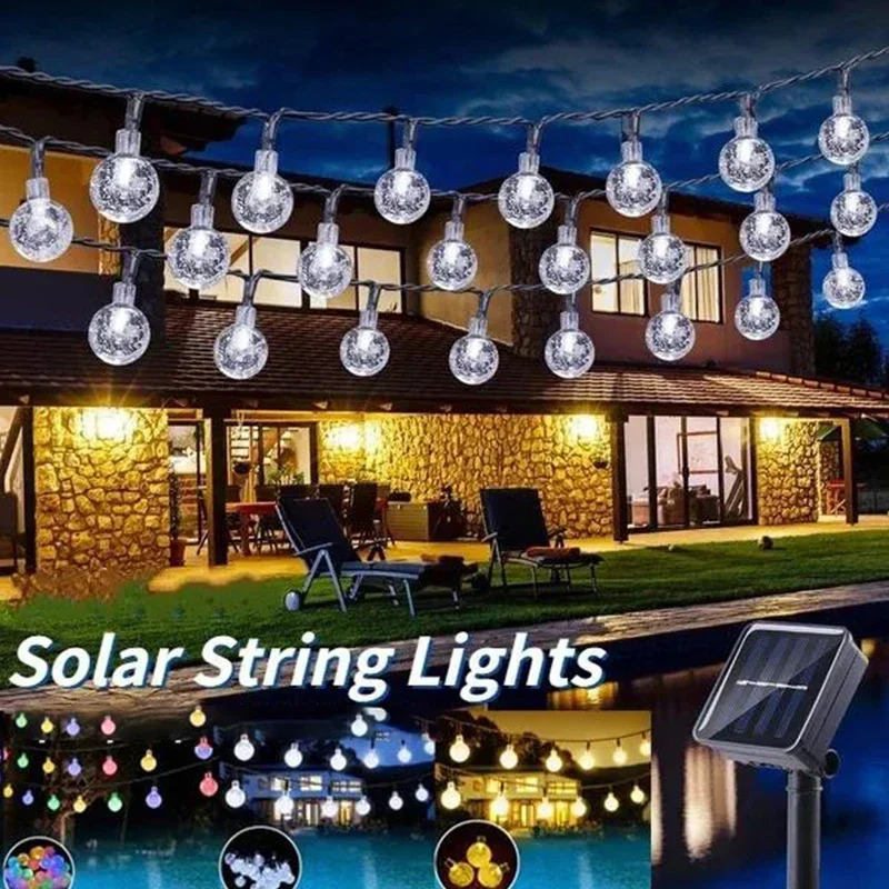 Guirnalda de luces solares para exteriores, luz de hadas de cristal, 8 modos, luz de Patio impermeable para decoración de fiesta de jardín