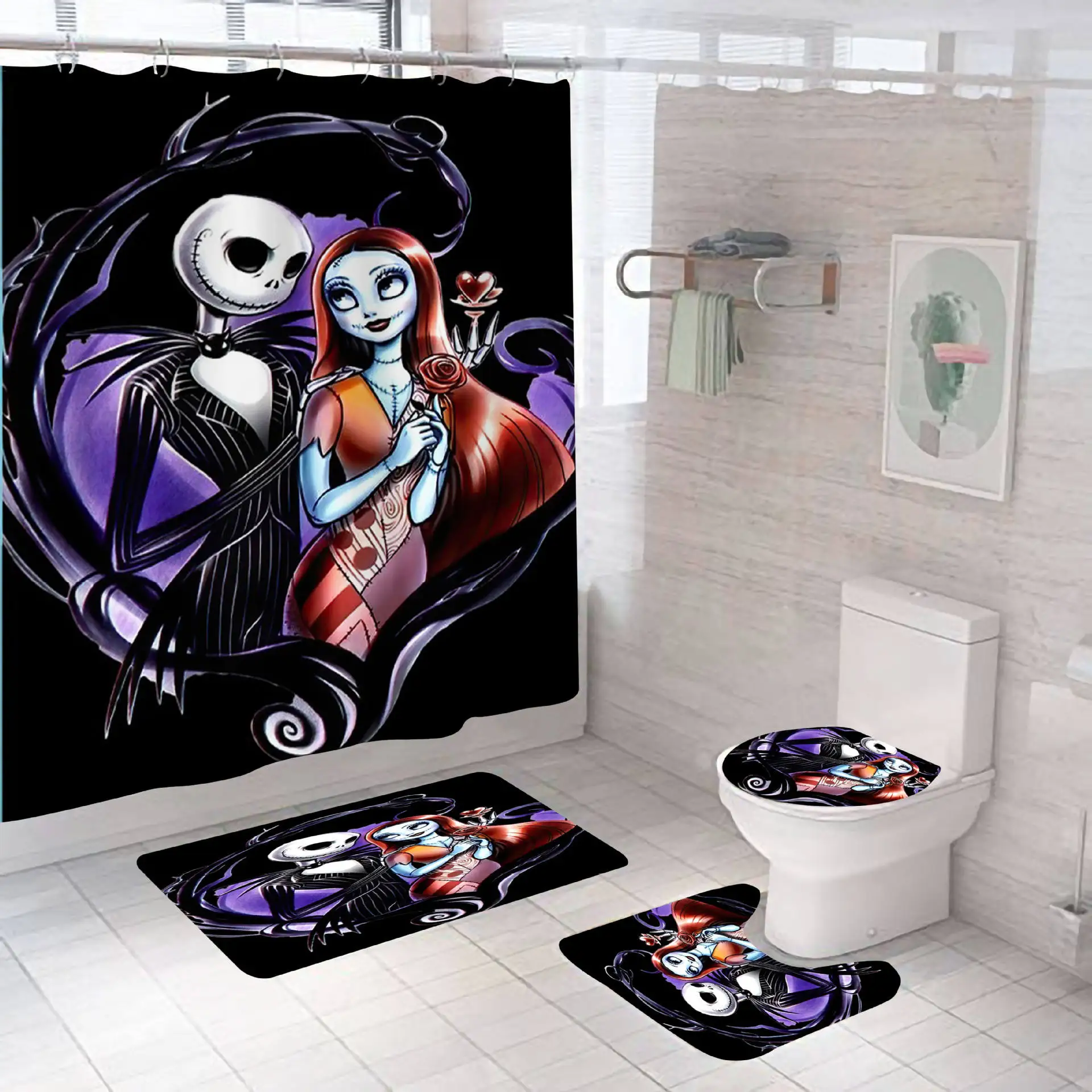 Happy Halloween Zombie Couple Wizard Cute Cartoon 4 Pcs Set Shower Curtains Bathroom Fabric Waterproof Bath Curtain with 12 Hook