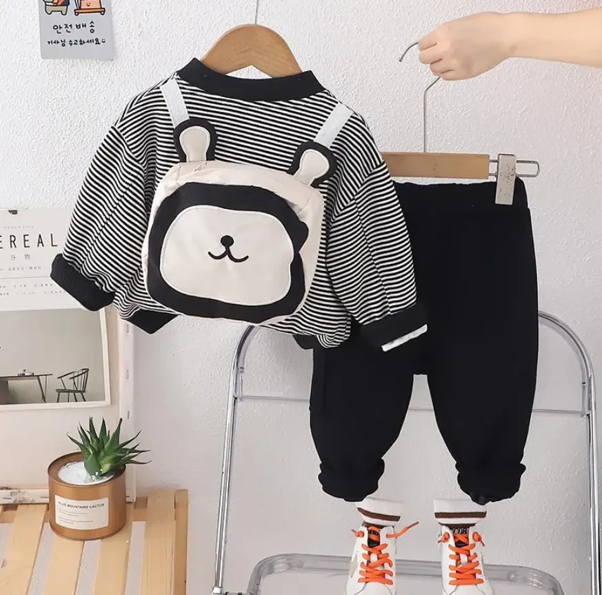 

Toddler Baby Boys Clothes Sets 1 To 5 Years Kids Striped Bear Backpack Jackets And Pants 2Pcs Tracksuits Infant Boy Outfits
