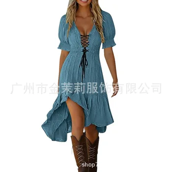 Sexy Lace Slim Midi Dress Women Summer 2026 Fashion Short Sleeve Deep V-neck Solid Color Lace Up Dresses Elegant