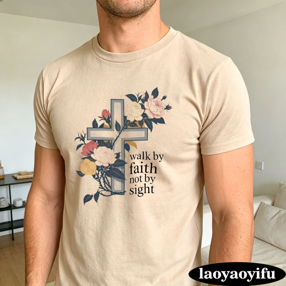 Walk By Faith Not Sight Floral Cross Graphic T Shirt Men Cottagecore Botanical Top Inspirational Scripture Casual Shirt
