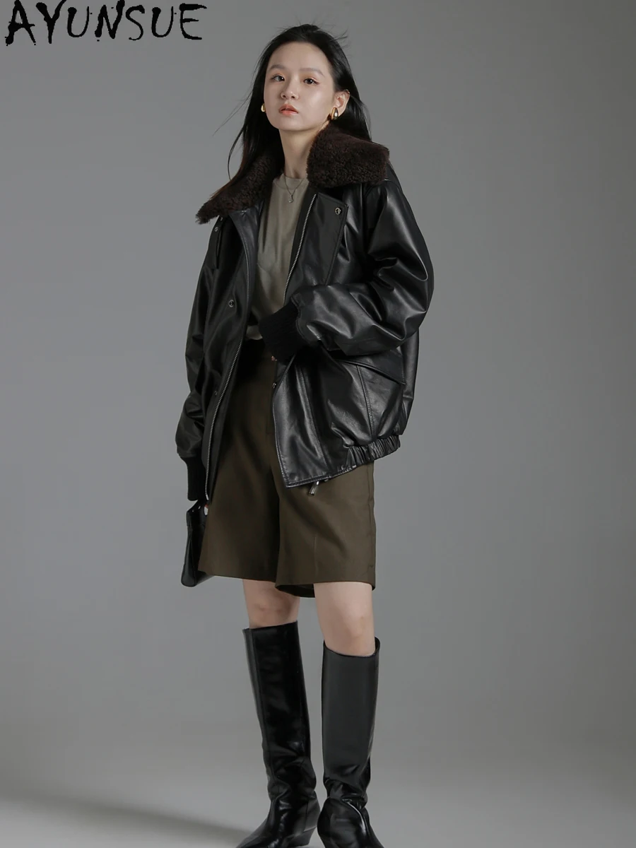 AYUNSUE Giacca in vera pelle Donna Autunno Inverno Vestiti 2025 Aggiungi cotone Genuino cappotto di pelle di pecora Donna di media lunghezza Jaqueta De Couro