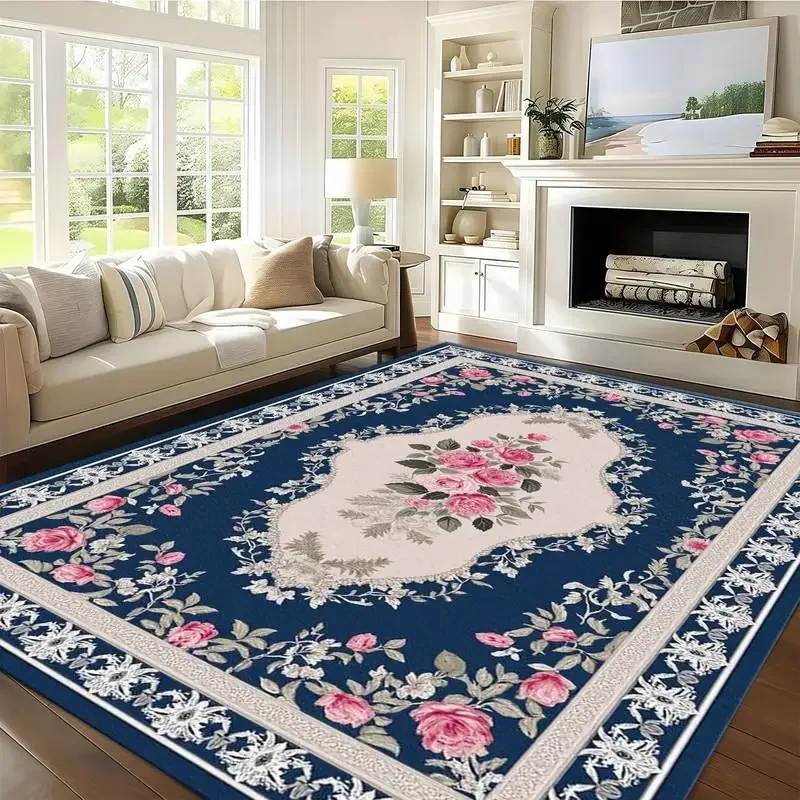 Vintage Floral Rose Area Rug, Navy‑Blue Background Pink Flower Ornate Border Floor Carpet, Traditional Elegant Decor Rug for Liv
