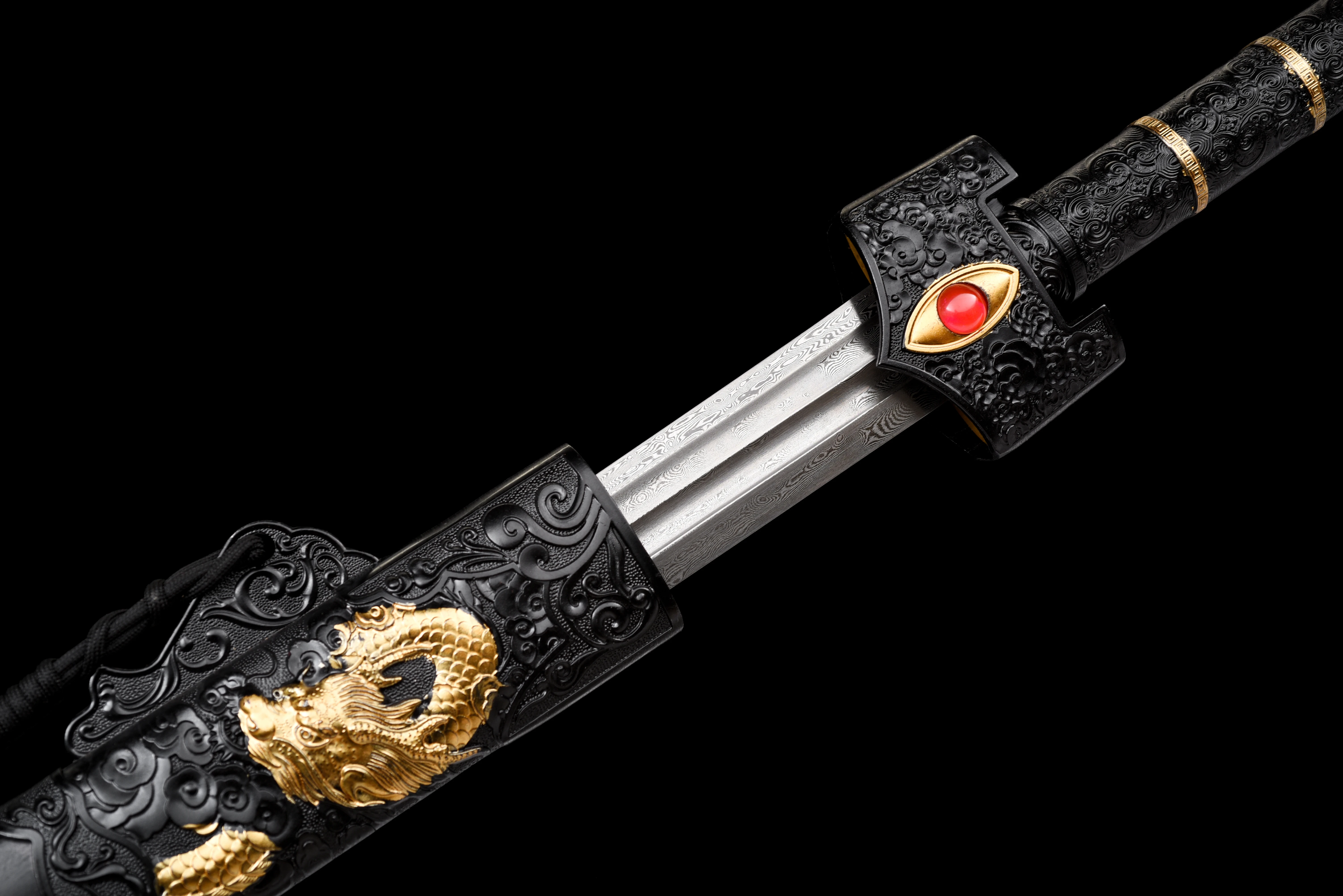 Damascus steel blade,true samurai sword,Golden Dragon sharp katana Full Tang,double blood slot design,combat-ready, unique gift