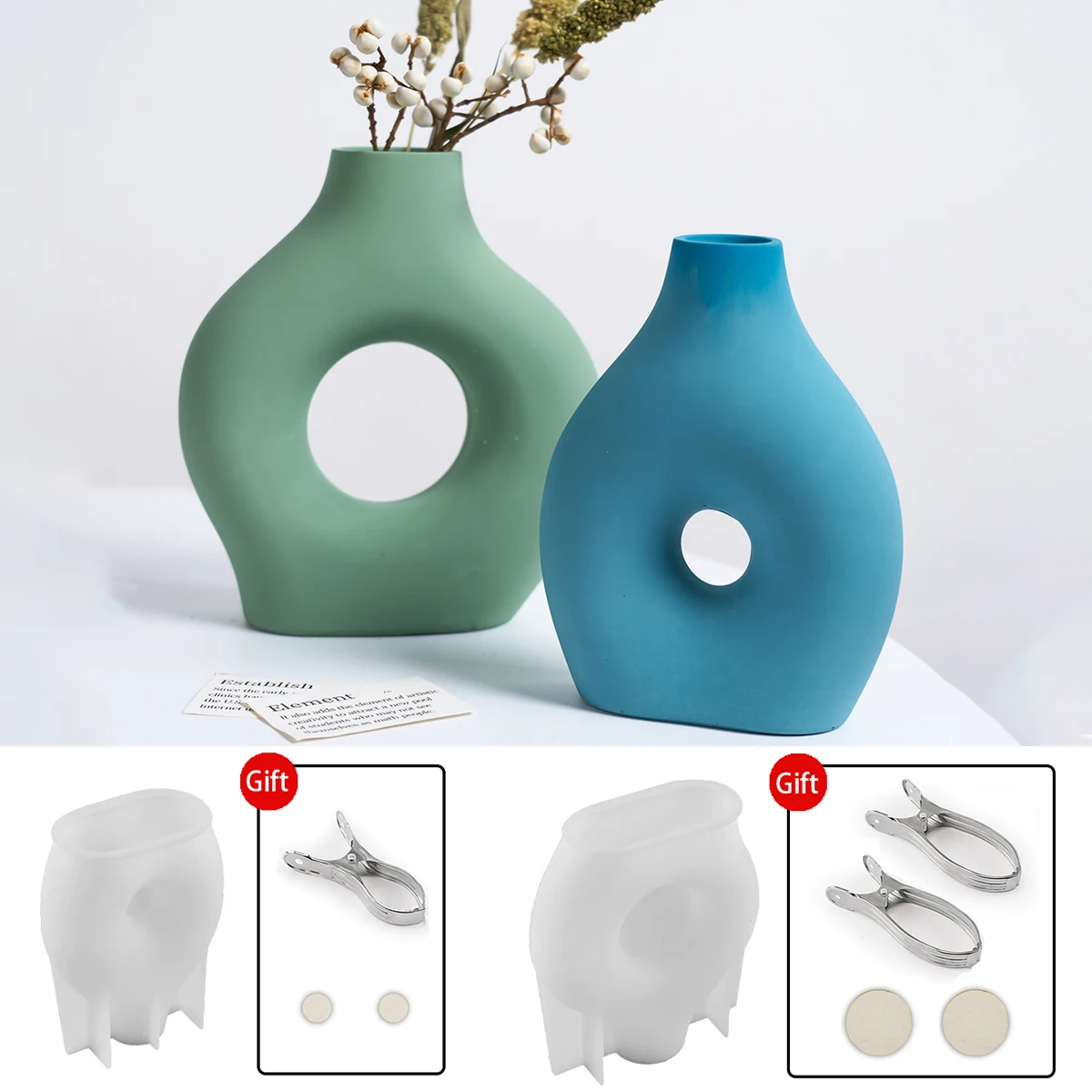 Nordic Style Vase Silicone Mold with Free Clips DIY Irregular Hollow Oval Flower Arrangement Concrete Gypsum Molds Home Decor