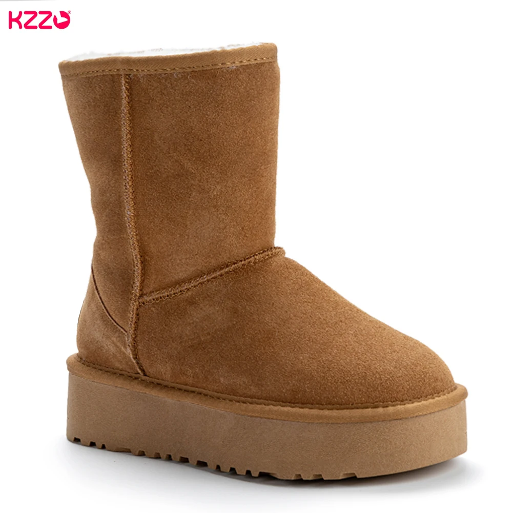 KZZO Women's Genuine Leather Sheepskin Snow Boots Mid-Calf Platform Natural Fur Lined Warm Winter Shoes Australian Style