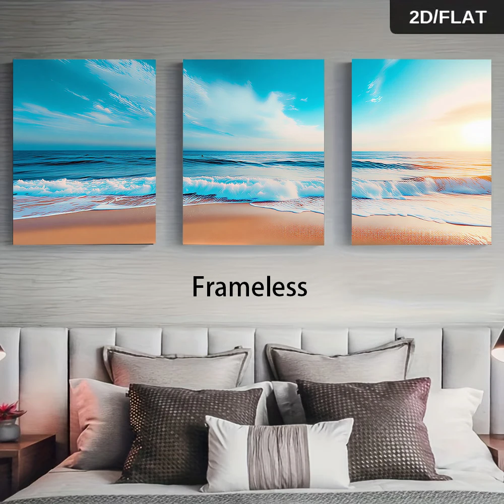 1 set of three frameless decorative paintings, featuring a refreshing beach scene, perfect for the living room or bedroom. (2D)