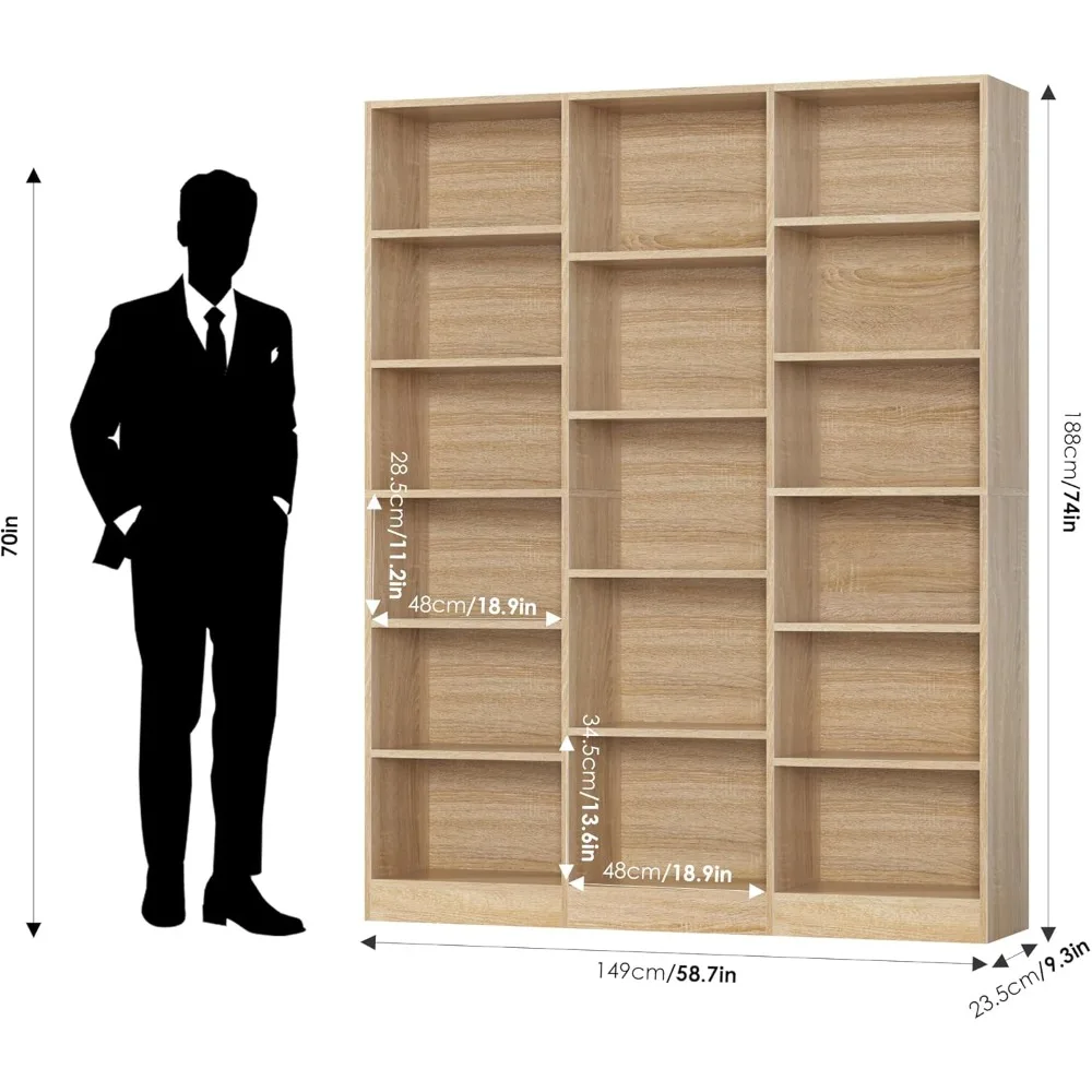 Rak Buku Tiga Lebar, Rak Buku Besar 6 Tingkat, Rak Buku dengan 17 Rak Pajangan Terbuka, Rak Buku Tinggi 74'', dan Rak Buku