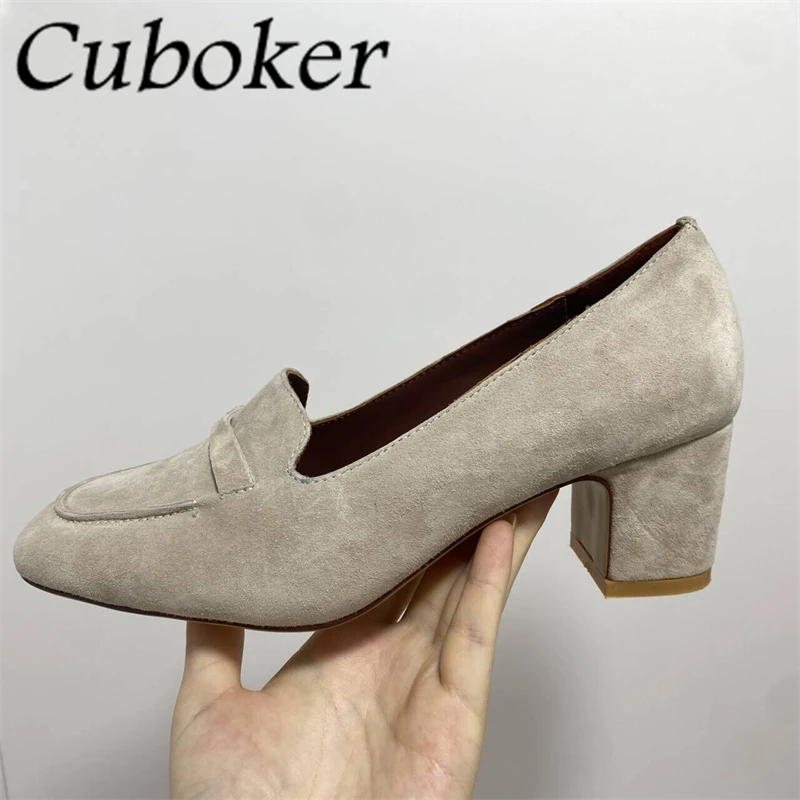 

2022 Hot Sale Spring Summer Women Shoes Metal Decor Kid-Suede Ladies Pumps Square Toe Women Chunky Heel Pumps Loafers mujer