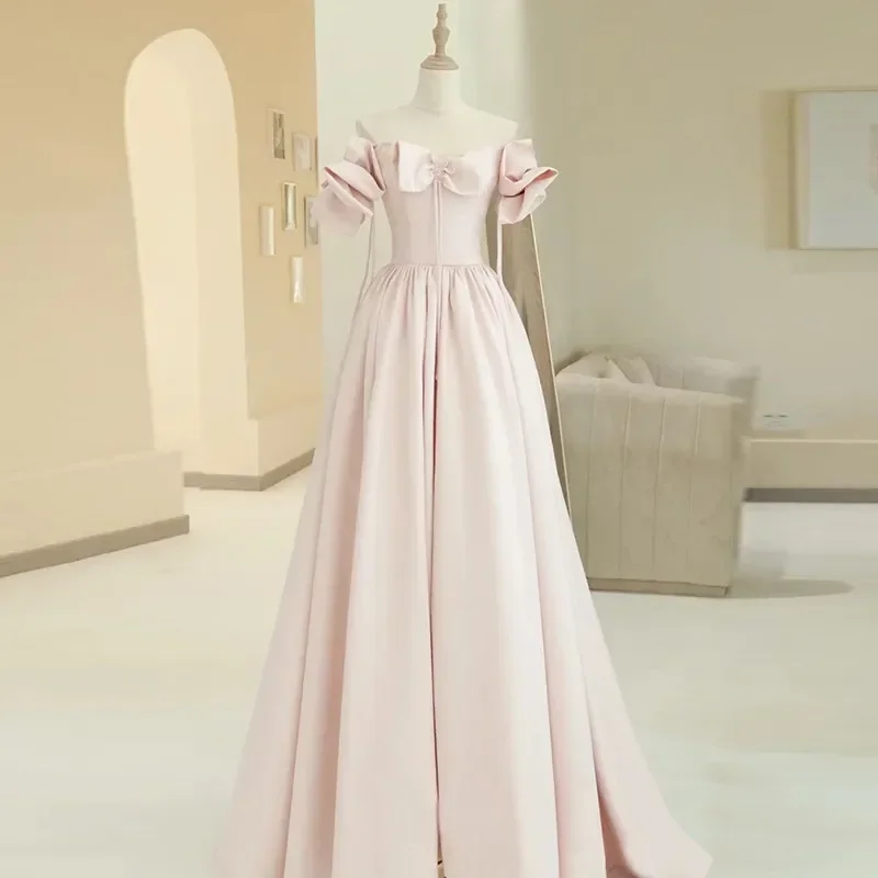 Evening Dress Pink Elegant Boat Neck Beads Empire Short Sleeves Floor-Length Simple Pleat A-Line Party Formal Gown Woman B1960