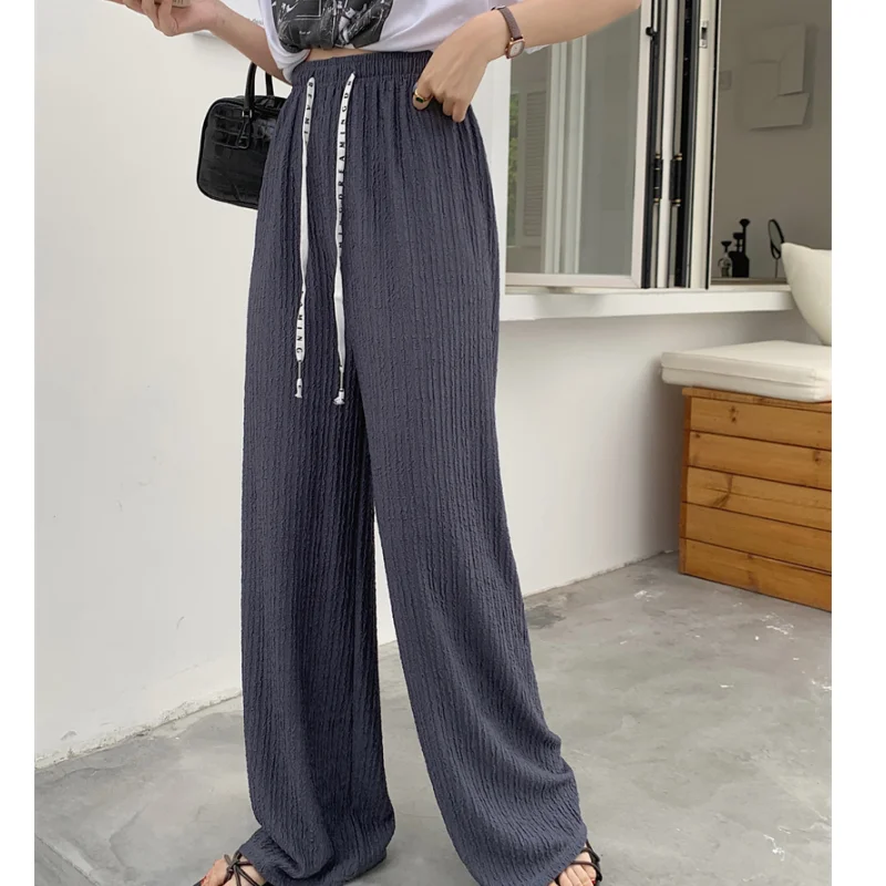 

Women's Grey Drawstring Sweatpants Fashion High Waist Straight Wide Leg Pants Simplicity Baggy Bind Feet Trouser Ladies Autumn