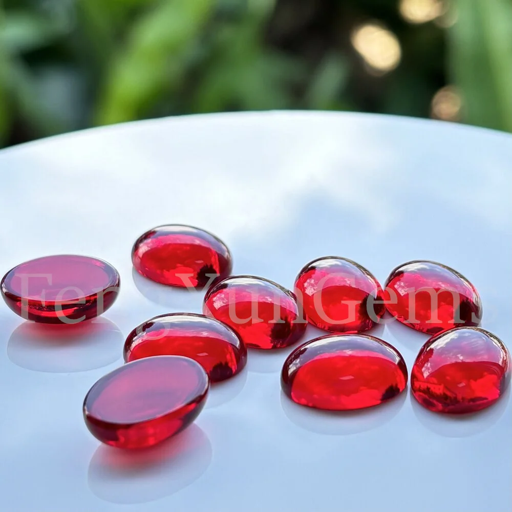 Flat Bottom 8x10~20x30mm1pcs Oval Cabochon Loose 5A Glass Stone Beads Synthetic Gems Red color for Rings DIY