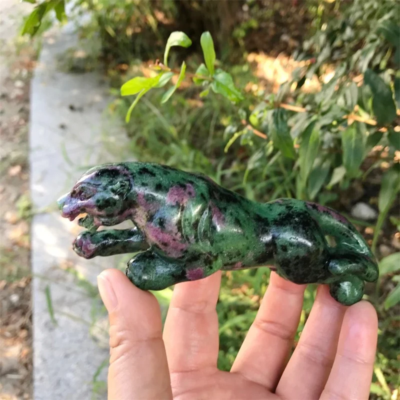 

11.5cm Natural Ruby in Zoisite Crystal Leopard Carving Polished Powerful Statue For Home Decor Gift