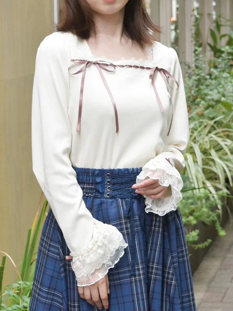 

Sweet Sle Ribbed Knit Top with Lace Splice Sve Elastic Knot Belt Daily Wear for Women by Axes Femme IM3X57