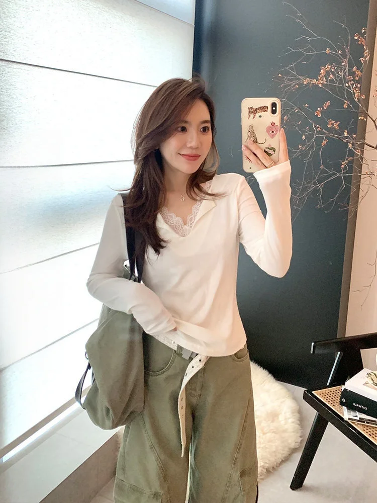 

Весенне-летняя женская базовая футболка с длинным рукавом, кружевными вставками, универсального кроя, из смесового хлопка, стандартная версия