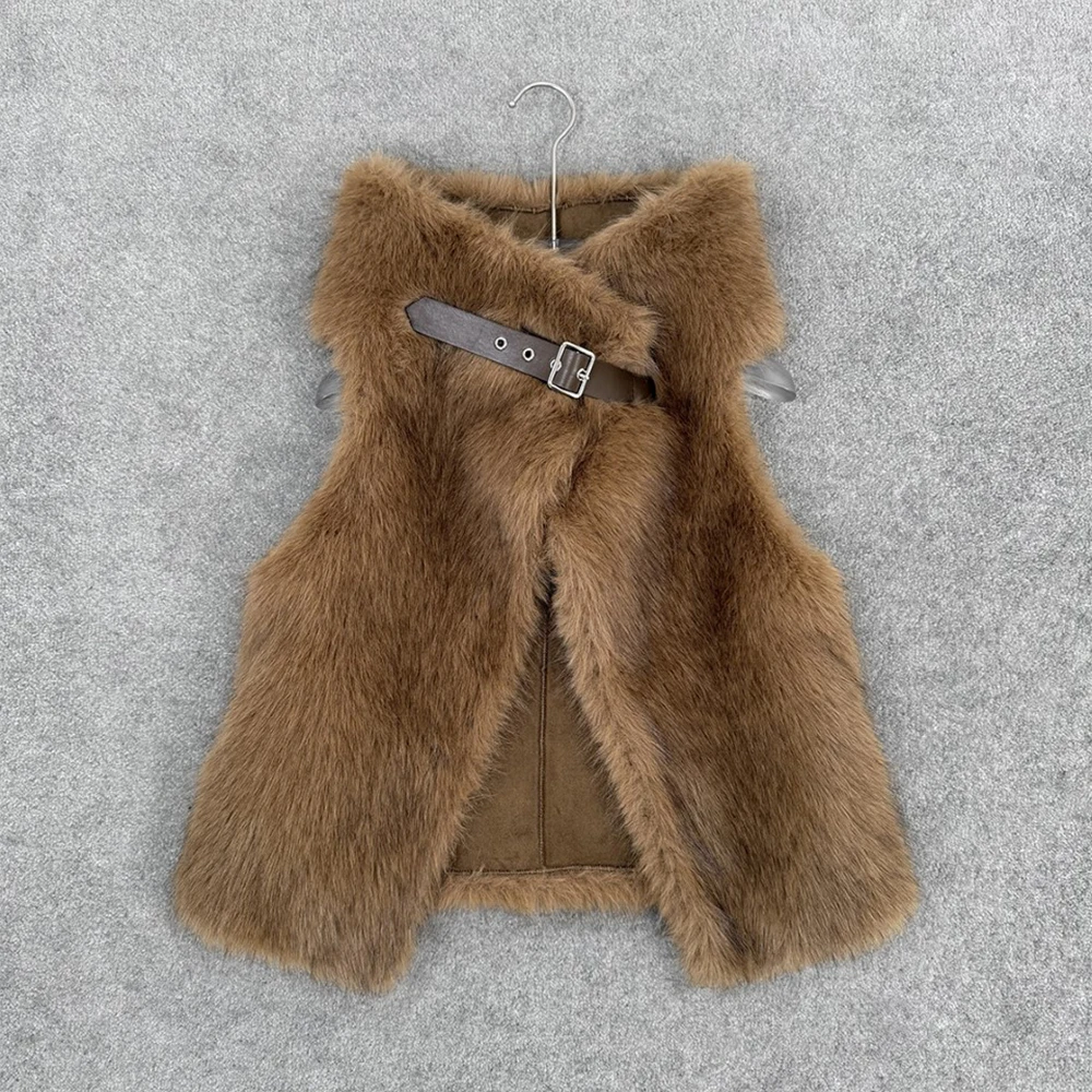 

Retro Eco-Friendly Faux Fur Belted Women's Vest Top Elegant Commuter Sleeveless Vest Jacket Spring 2026 New Arrival Y2K Style