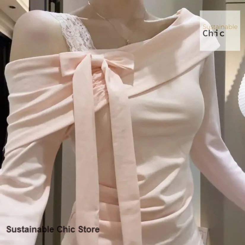

Korean style bow tie long sleeve T-shirt women's spring and summer new slim off-the-shoulder bottoming spice girl casual top.