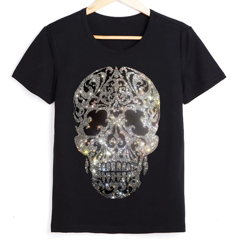 Fashion Tshirt New 2022 Summer Short Sleeve T-shirt with a Skulls Crystal Printing Cotton Shirt Female Clothes