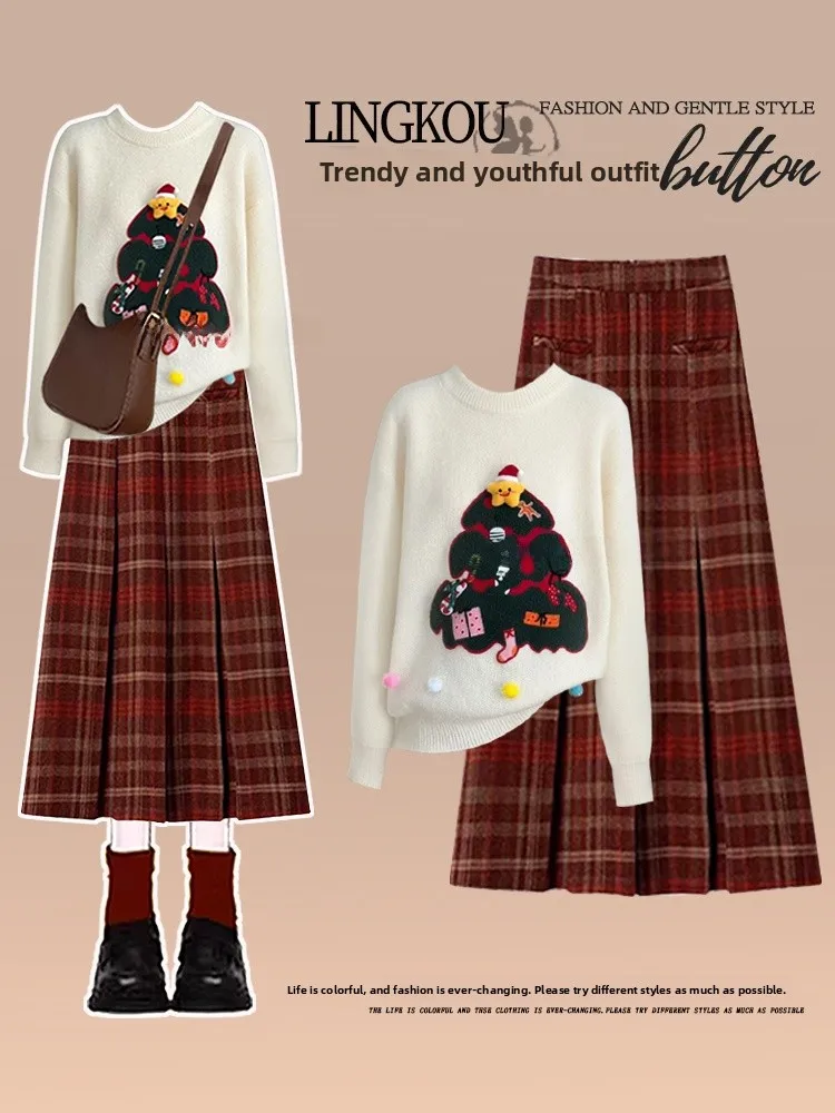 

Christmas Theme High Waist Knitted Sweater And Plaid Skirt Set for Women Autumn Winter Fashion Ensemble Red Slimming Look