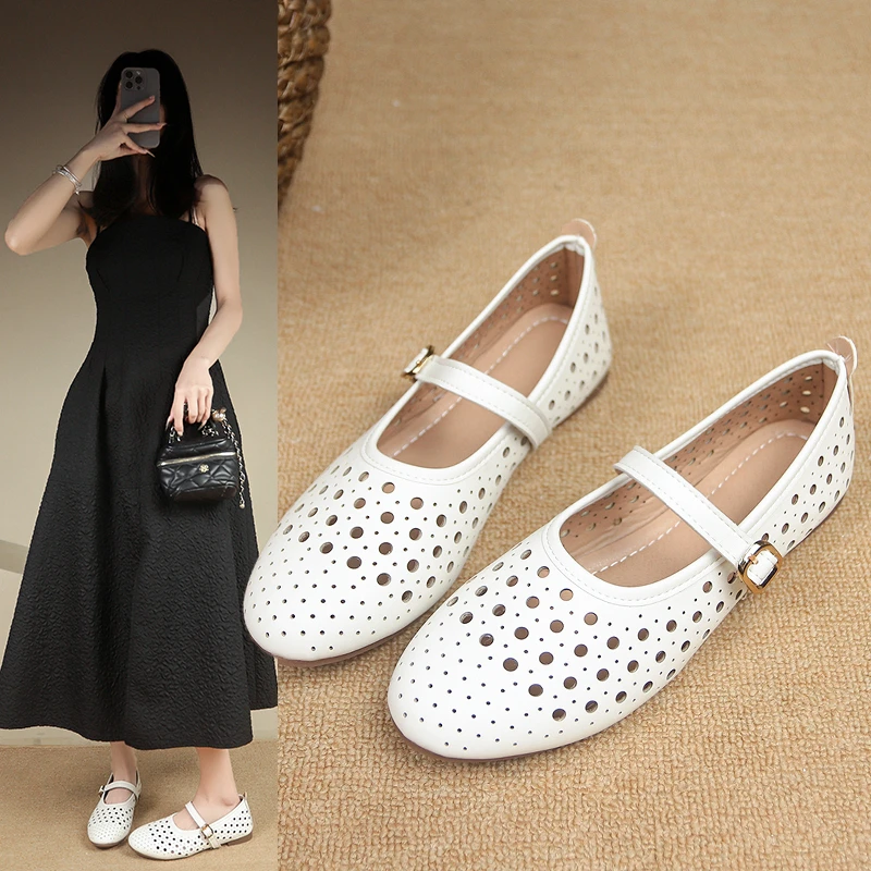 Flat Square with Round Head Buckle Waterproof Table Fashion All-match Comfortable Non-slip Breathable Hole Women's Single Shoes