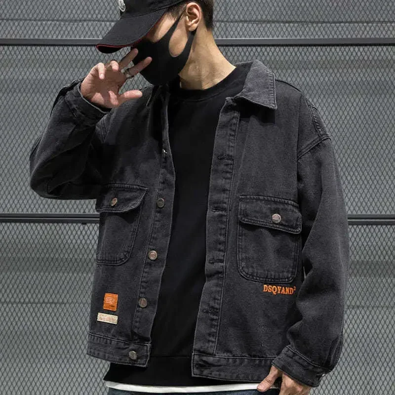 Jeans Coat for Men Autumn Black Denim Jackets Man with Embroidery on Board Vintage Y2k Rock G Casual Fast Delvery High Quality